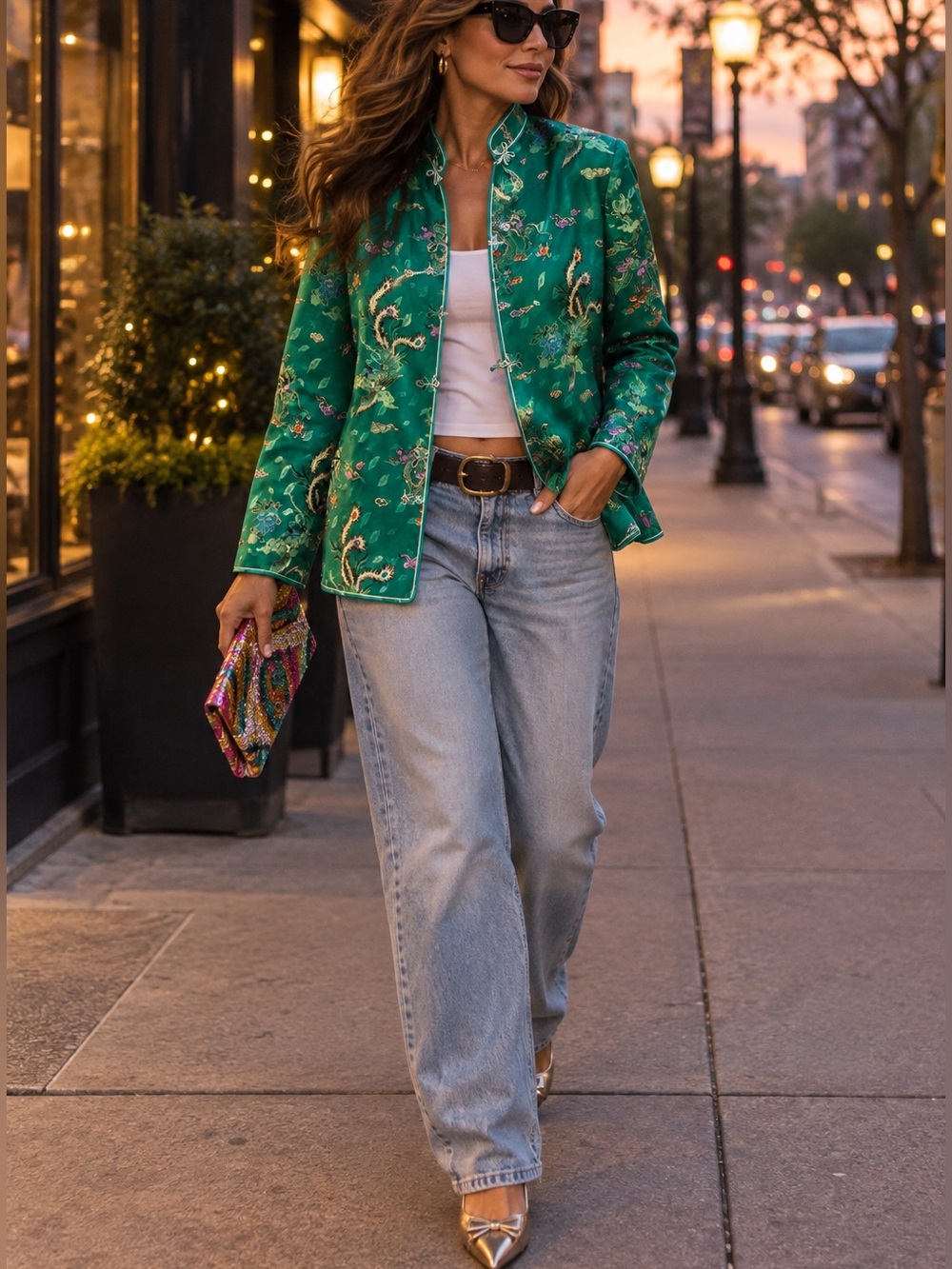 Emerald Green Dragon Print Mandarin Collar Jacket Frog Closures XL